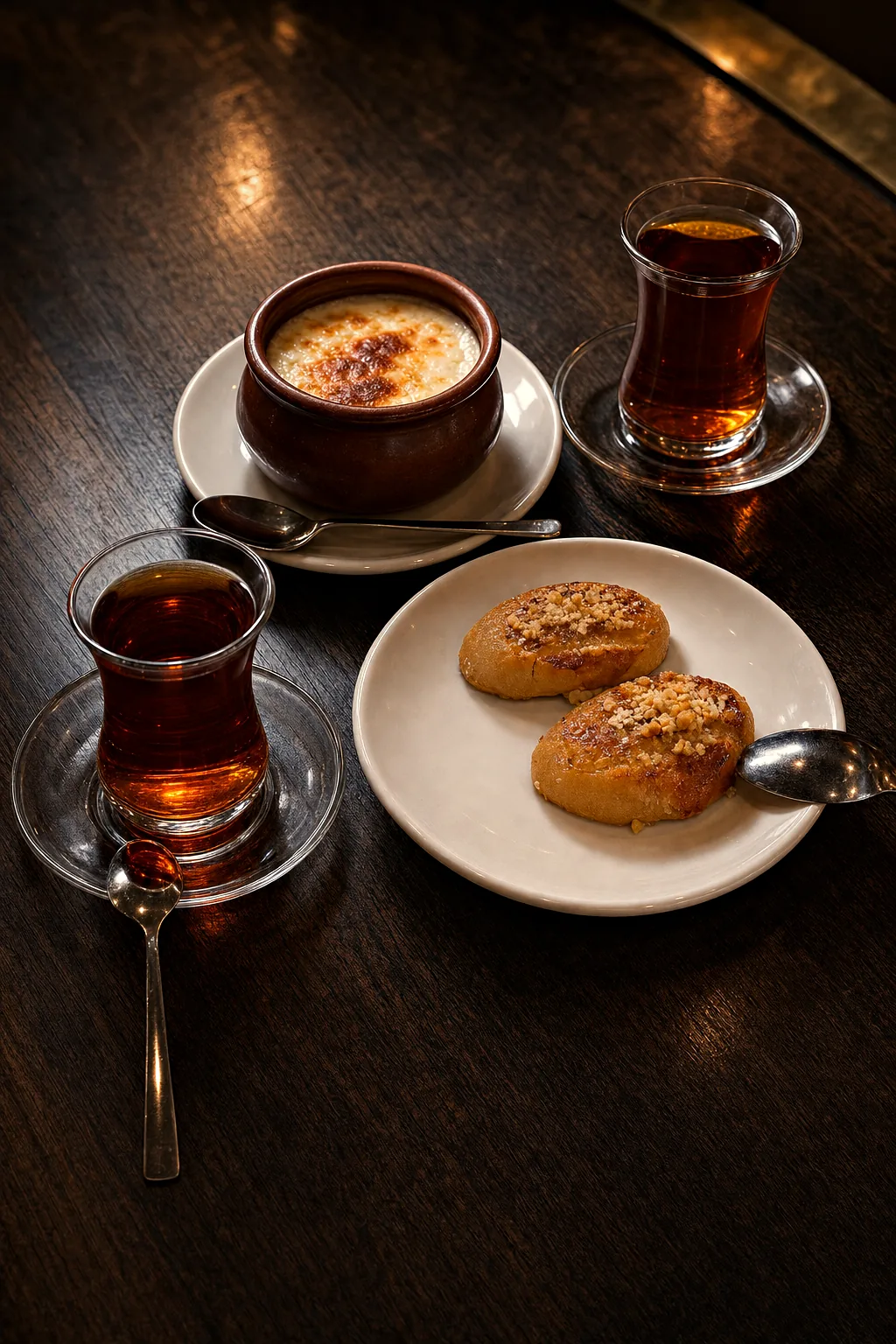Sütlaç — baked rice pudding in a clay pot, with şekerpare and Turkish tea